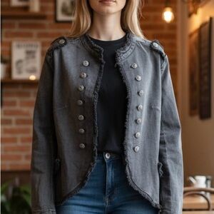 Emmer‎ & Oat Charcoal Denim Military Style Jacket w/ragged hem NWT Size Large